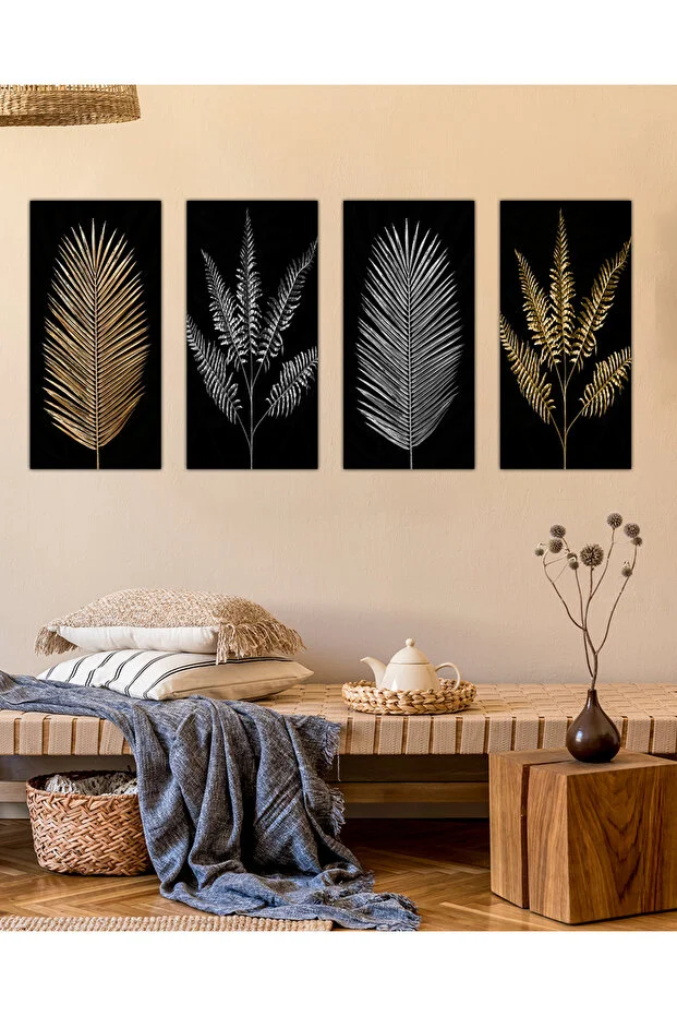 Gold Gümüş Yaprak Desen 4 Parçalı Mdf Tablo